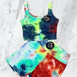 Stretchy Textured Tie Dye High Waist Shorts & Crop Top Set New with Tags